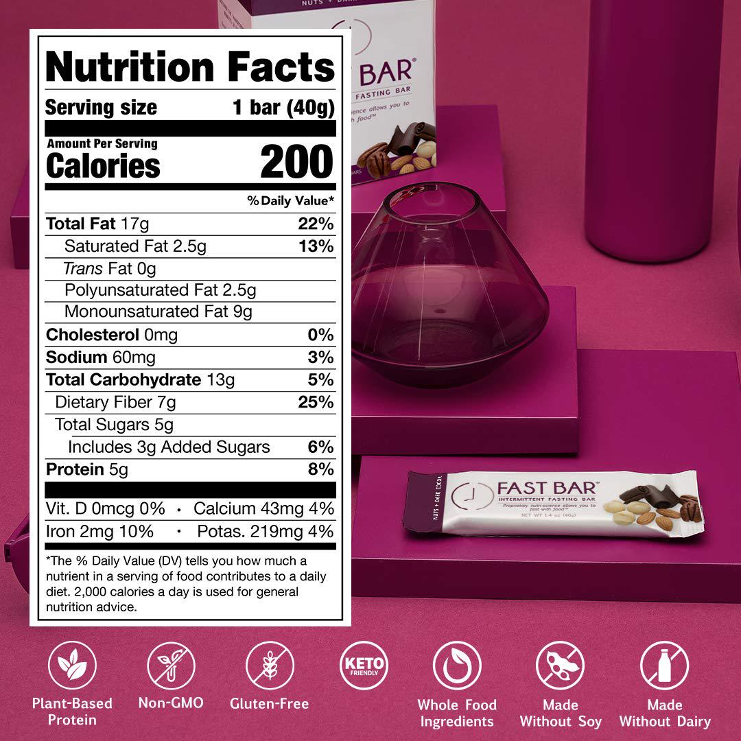 Fast Bar, Nuts and Dark Cocoa, Gluten Free, Plant Based Protein Bar For Weight Management and Intermittent Fasting (10 Count Box)