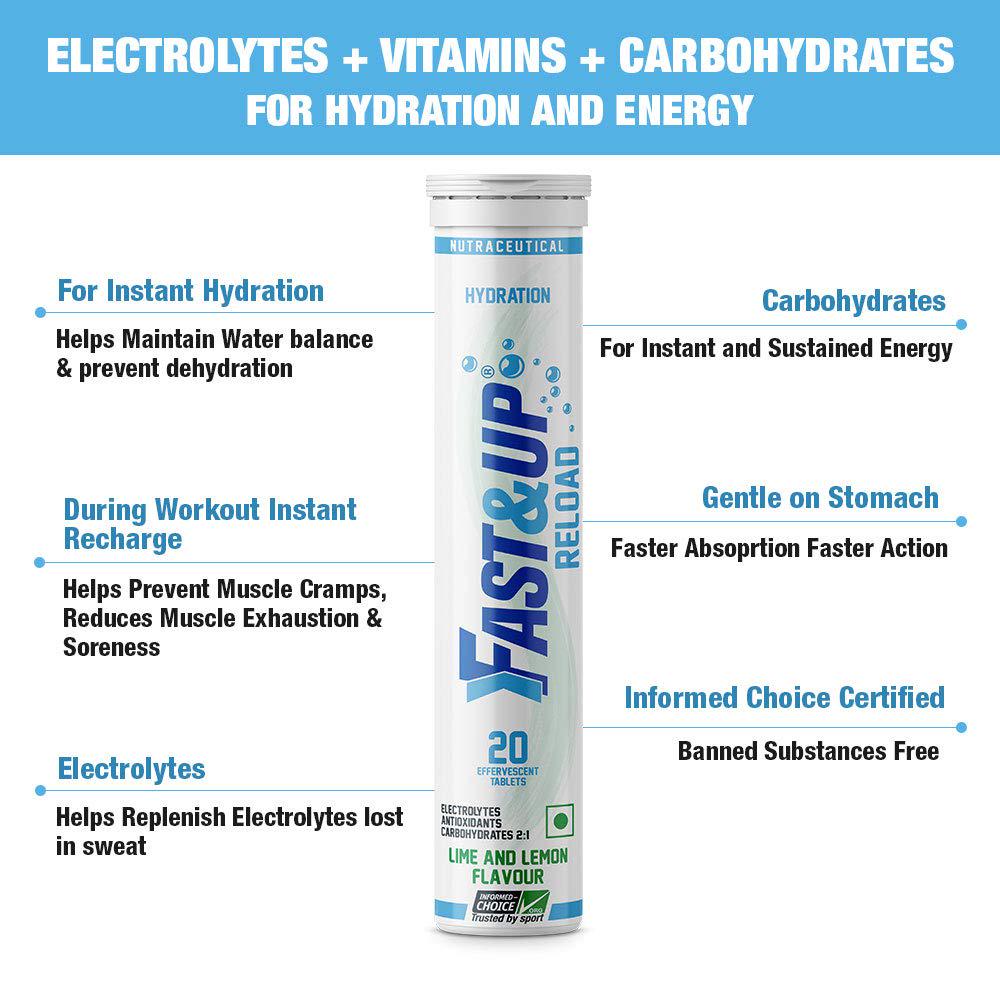 Fast&Up Reload -Electrolyte Energy Drink - On-The-Go Low Sugar Electrolytes - 40 effervescent Tablets - Strawberry Flavour - Lime and Lemon Flavour