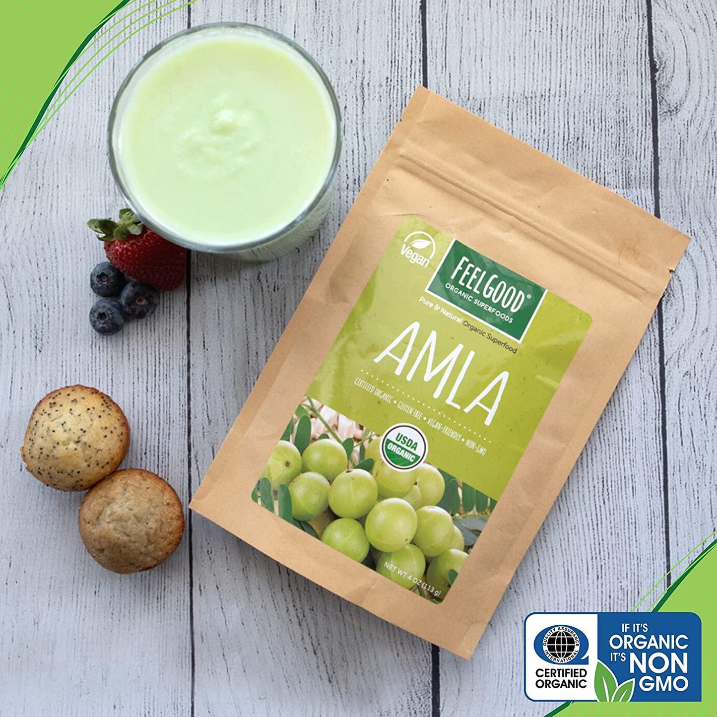 FeelGood Organic Superfoods Amla Powder, Vegan, Non-GMO Indian Gooseberry Antioxidant and Immune Booster, 4 oz