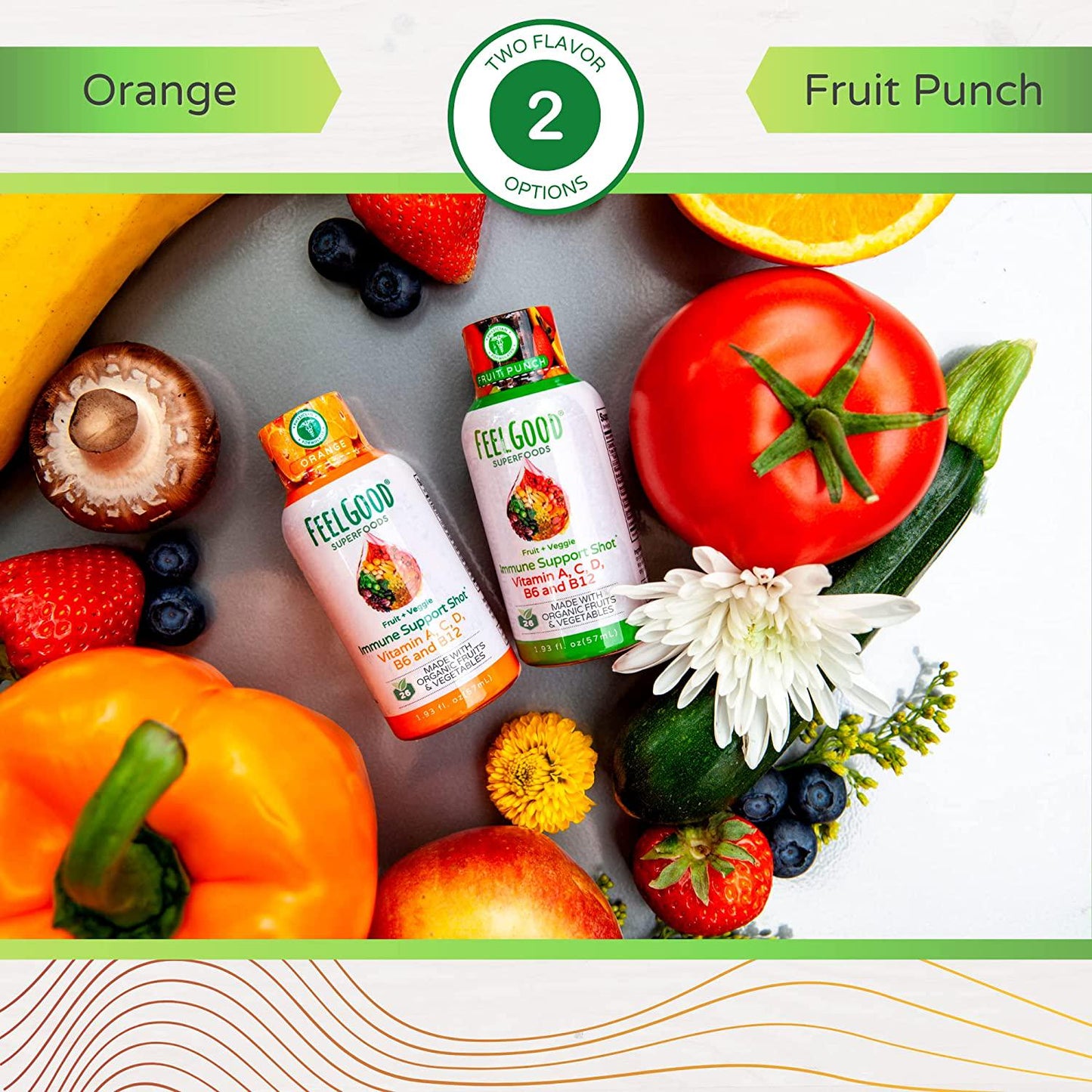 FeelGood Superfoods Immune Support Shot Supplements, Fruit Punch Flavor, Pack of 10, Immune Shots Made with 26 Organic Fruits and Veggies, Ready to Drink Immunity Booster