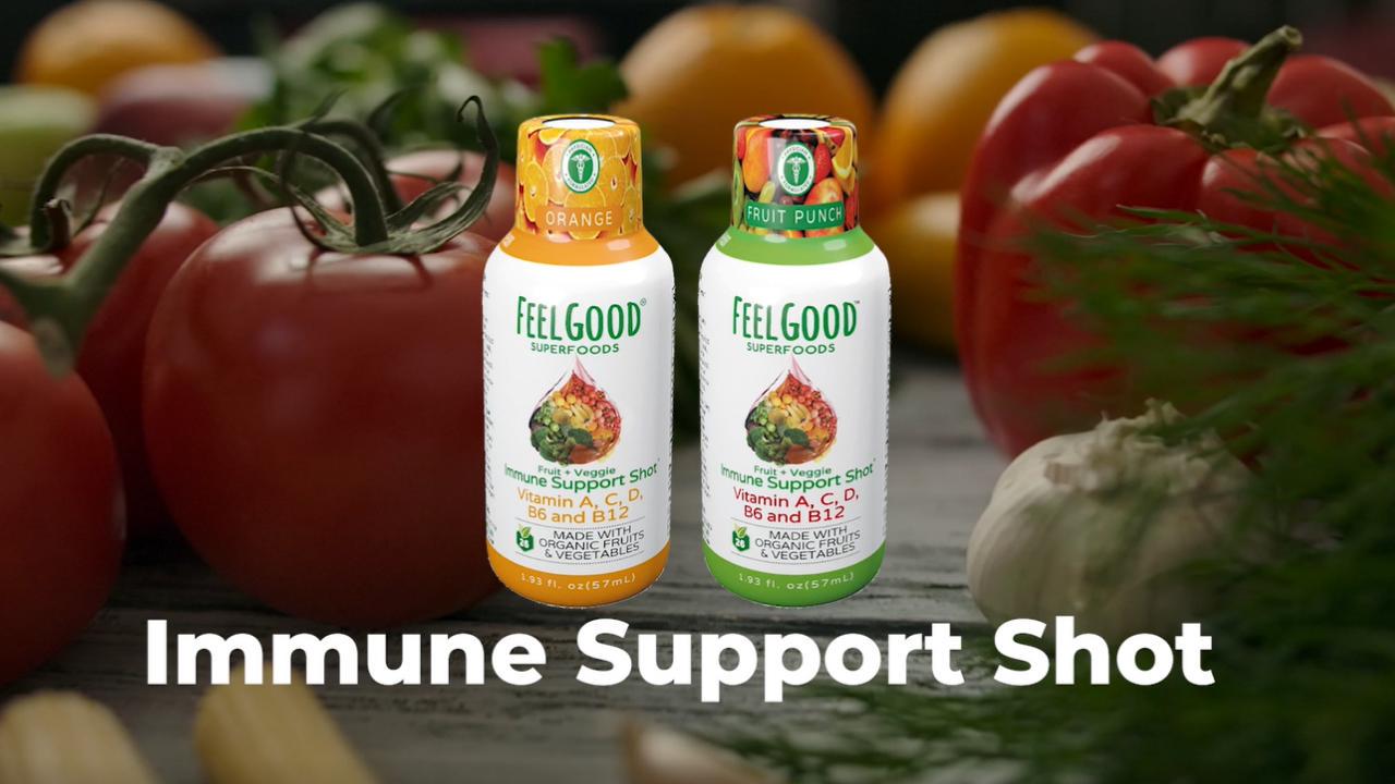 FeelGood Superfoods Immune Support Shot Supplements, 26 Organic Fruits and Veggies, Ready to Drink Immunity Booster, Orange and Fruit Punch Flavor, Combo Pack of 20
