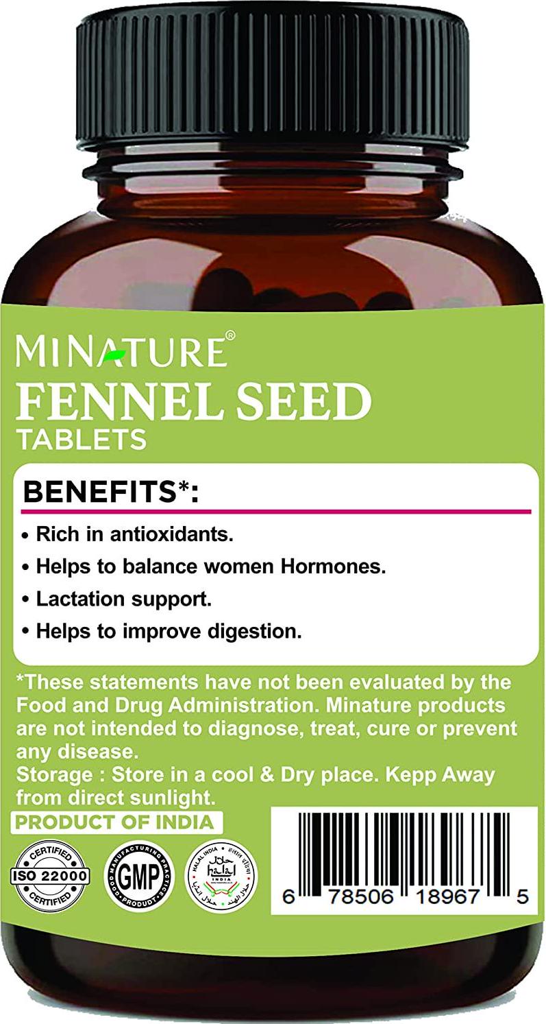 Fennel seed Tablets by mi Nature | 90 Tablets, 1000 mg | 45 Days Supply | Foeniculum vulgare| Promotes Digestion | Detoxification |Vegan | Supports Lactation
