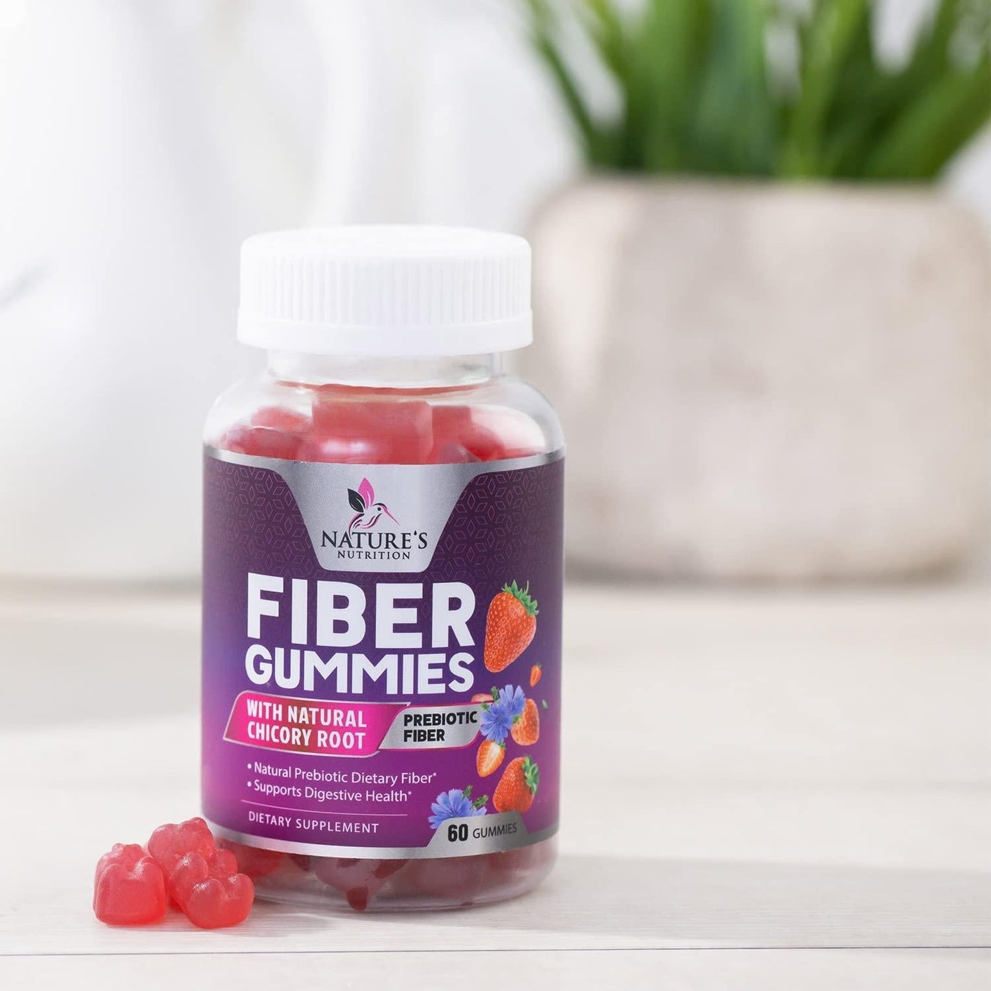 Fiber Gummies for Adults Extra Strength 4000mg - Daily Prebiotic Fiber Gummies - Delicious Strawberry Flavor - Natural Inulin Dietary Supplement for Digestion Support - 60 Vegan Gummies