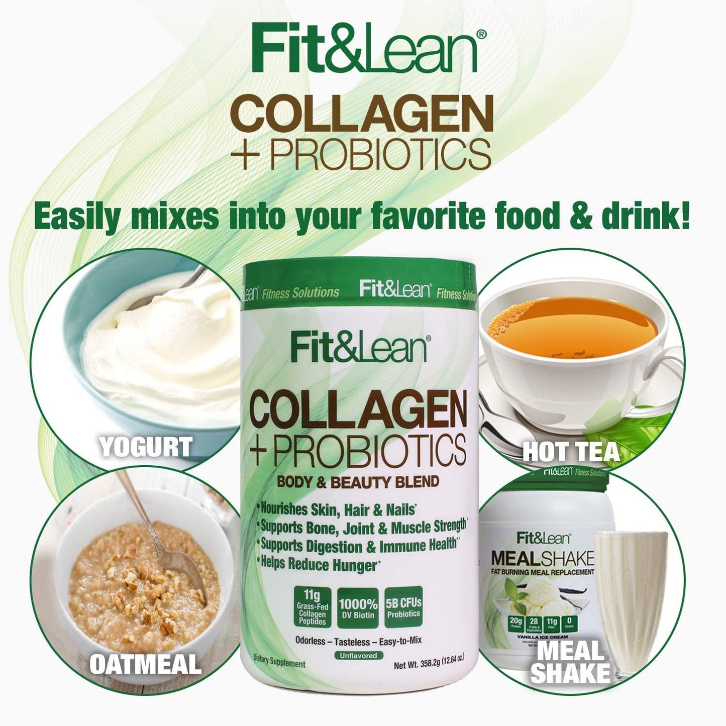 Fit and Lean Collagen + Probiotics- Grass-fed Collagen Peptide Powder, Unflavored, 12.64oz