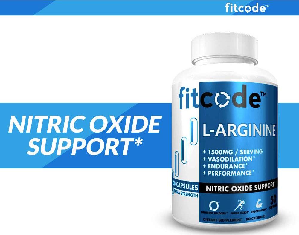 Fitcode Pure Extra Strength L-Arginine HCl 1500mg, Nitric Oxide Supplement for Vascularity, Pumps, Endurance, Performance, Muscle Growth, Energy, Powerful N.O. Muscle Pump Capsules (50 Servings)