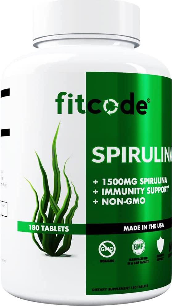 Fitcode Spirulina Tablet 1500 mg - Antioxidant Rich Spirulina Energy Supplement with Vitamin B Potassium Magnesium and Iron for Immune Support - Blue Green Algae Protein Supplement for Heart Health