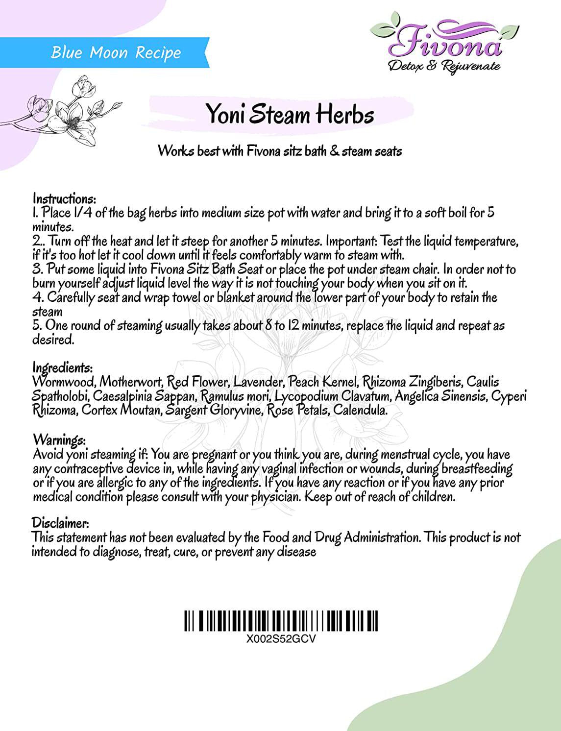 Fivona Yoni Steam Kit Over The Toilet Seat with Steaming Herbs Blue Moon Recipe for Detox, Cleansing, PH Balance and Odor Control