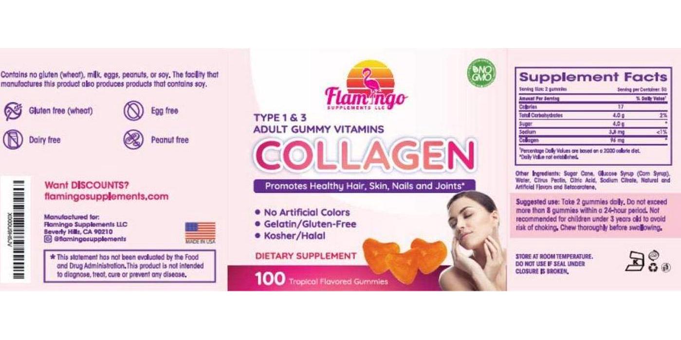 Flamingo Supplements - Hydrolyzed Collagen Gummies Type I and III | Kosher and Halal, No Gelatin, Non GMO | Strengthen Hair, Skin, Nails and Joint Care | Tropical Flavor | 100 Count