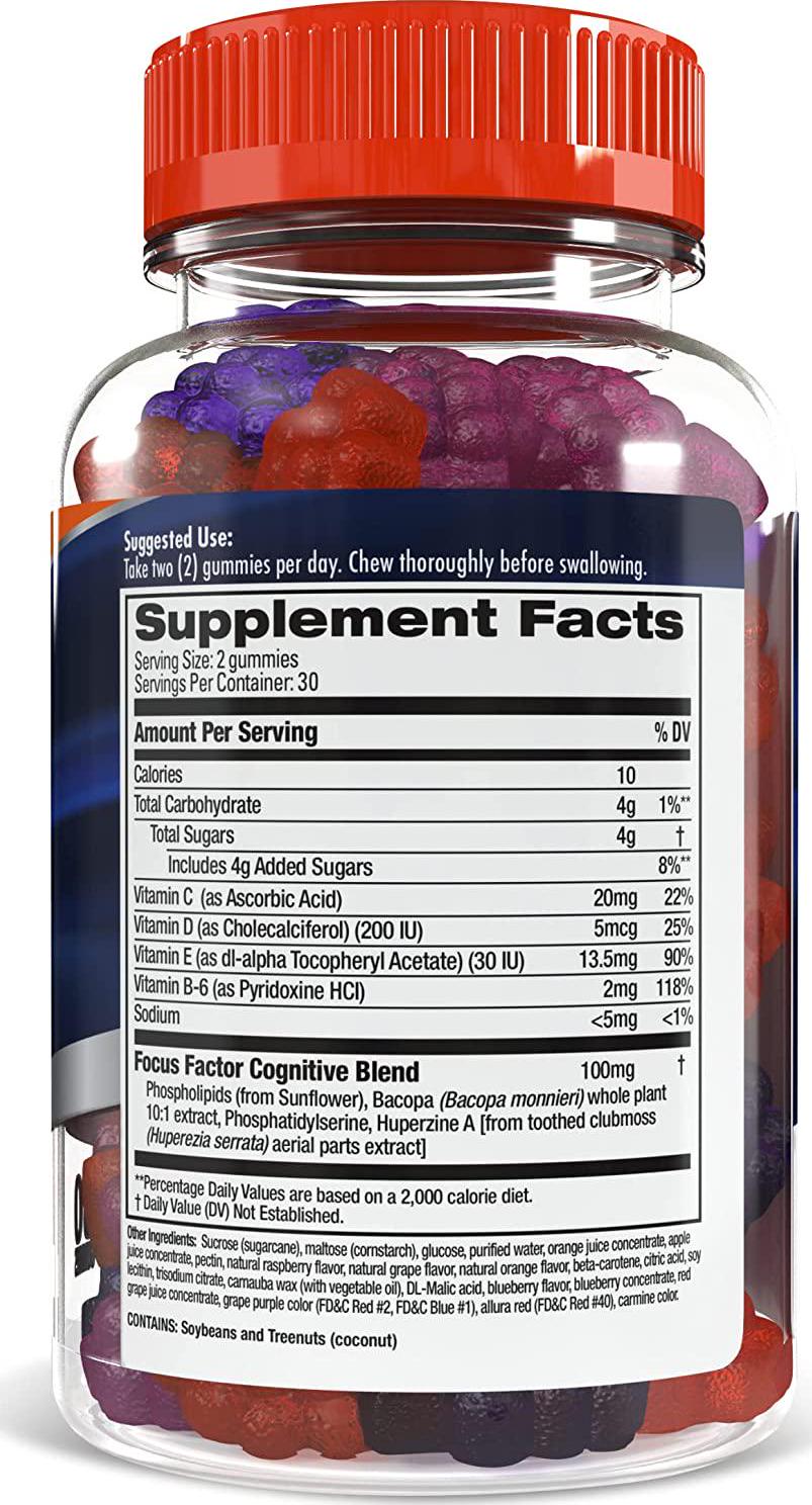 Focus Factor Nootropic Gummies - Memory Supplement for Brain, Phosphatidylserine, Bacopa, Huperzine A (60 Count)
