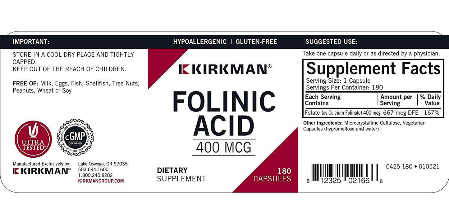 Folinic Acid 400 mcg, 180 capsules - Hypoallergenic