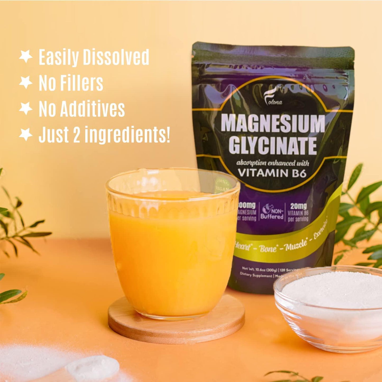 Folona Magnesium Glycinate Powder with Vitamin B6, Research Proven to Enhance Absorption, Supports Sleep, Relaxation, Stress Relief, Energy, Muscle Cramps, Fully Chelated, Vegan, 300g, 139 Servings