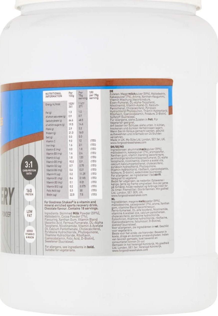 For Goodness Shakes Milk Chocolate Recovery Powder Tub 20 Servings