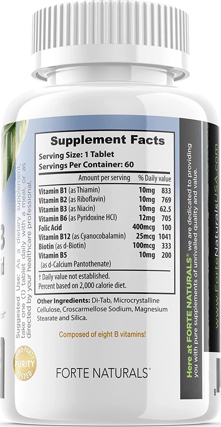 Forte Naturals Vitamin B Complex Tablet, Supplement for Metabolism and Energy, Vitamin B1, B2, B3, B5, B6, B12 and Folic Acid - 60 Tablets