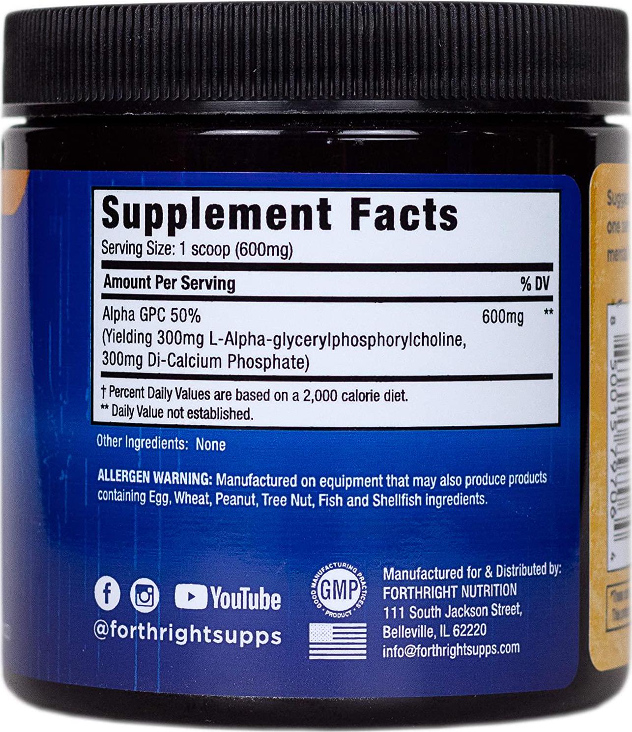 Forthright Nutrition - Alpha GPC 50% Powder (60g) - Cheapest Cost per Gram - Nootropic for Cognitive Function, Focus, Memory, and Power Output