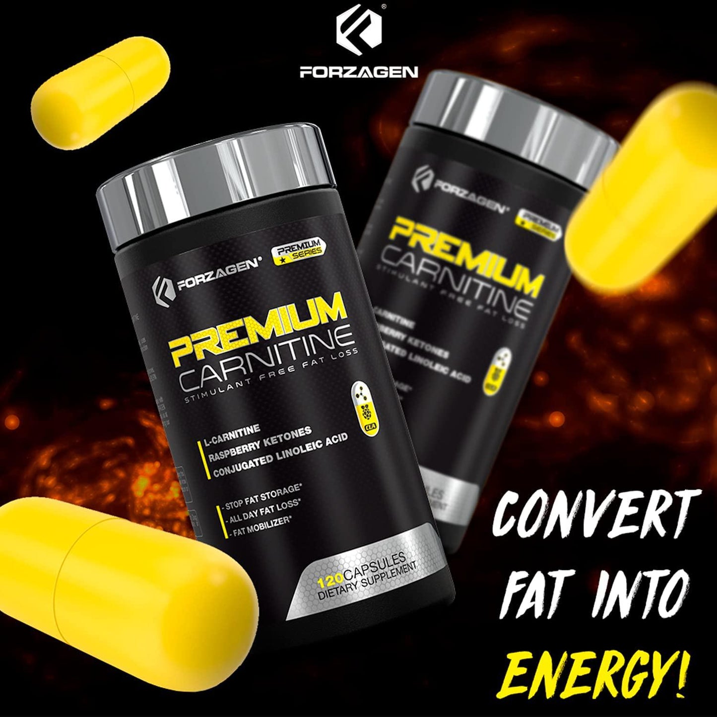 Forzagen L Carnitine Capsules 120 caps - with CLA and Natural Raspberry Ketones. Premiun Quality Carnitine Natural Fat Burner for Women and Men - All Day Fat Loss - Keto Friendly.