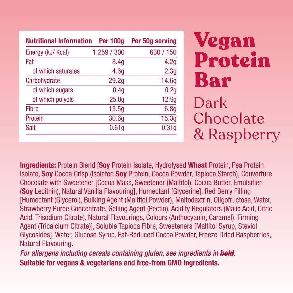 Free Soul Vegan Protein Bar, High Protein, Low Sugar, Dairy Free Chocolate Coated Plant Based Snack with Gooey Core (12 x 50g) (Dark Chocolate and Raspberry)
