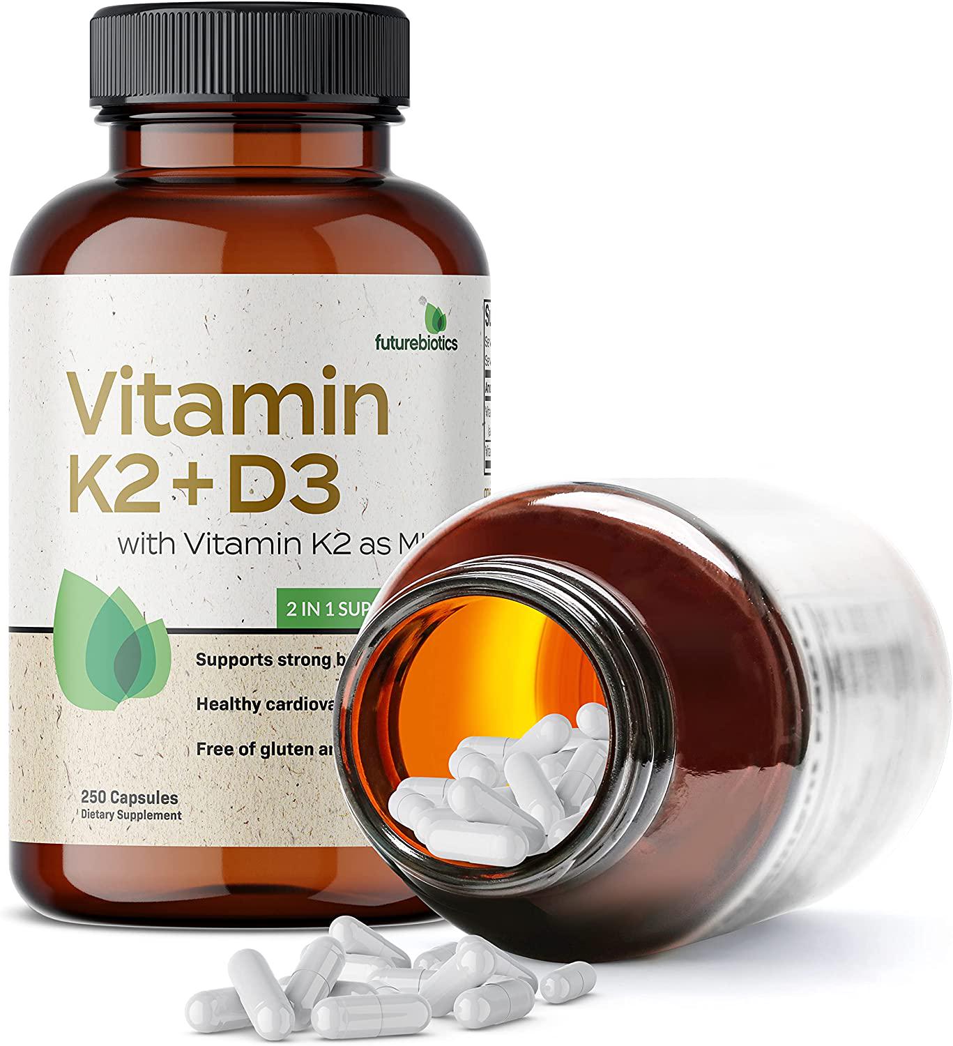 Futurebiotics Vitamin K2 (MK7) with D3 Supplement - Bone and Heart Health Non GMOFormula - 5000 IU Vitamin D3 and 90 mcg Vitamin K2 MK-7 - Easy to Swallow, 250 Vegetarian Capsules
