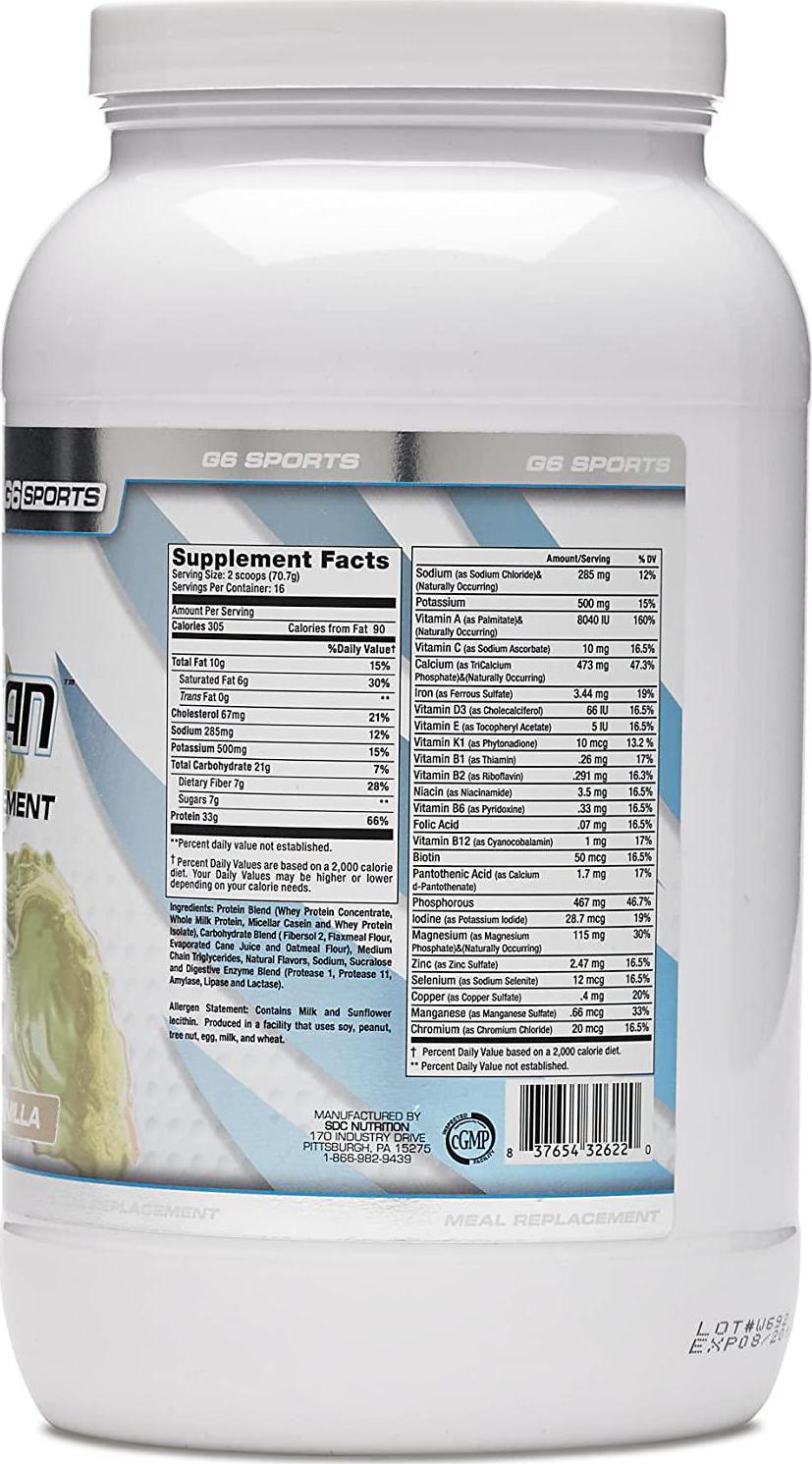 G6 Sports Nutrition Super-Lean Deluxe Meal Replacement (32g Protein, 7g Fiber, 25 Added Vitamins and Minerals) 2.5lb Jar Vanilla