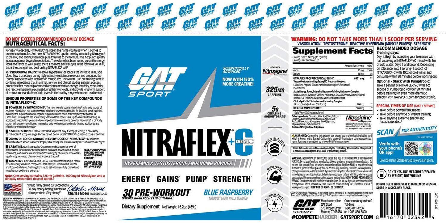 GAT Sport Nitraflex + C Creatine Pre Workout Supplement for Strength and Endurance, Blue Raspberry, 30 Servings