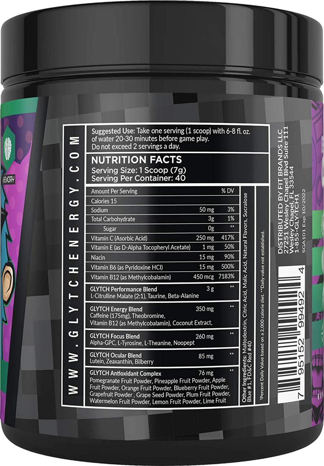 GLYTCH Gaming Energy Supplement Powder | Gamer and Esports Drink Mix for Increased Focus, Stamina, Memory, and Processing Speed | Sugar Free with Vitamins (Sour Grape Ape Flavor - 40 Servings)