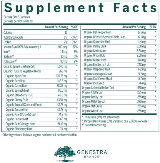 Genestra Brands Phyto Greens Capsules | Vitamins, Dietary Fiber and Enzymes for Optimum Nutrition | 180 Capsules