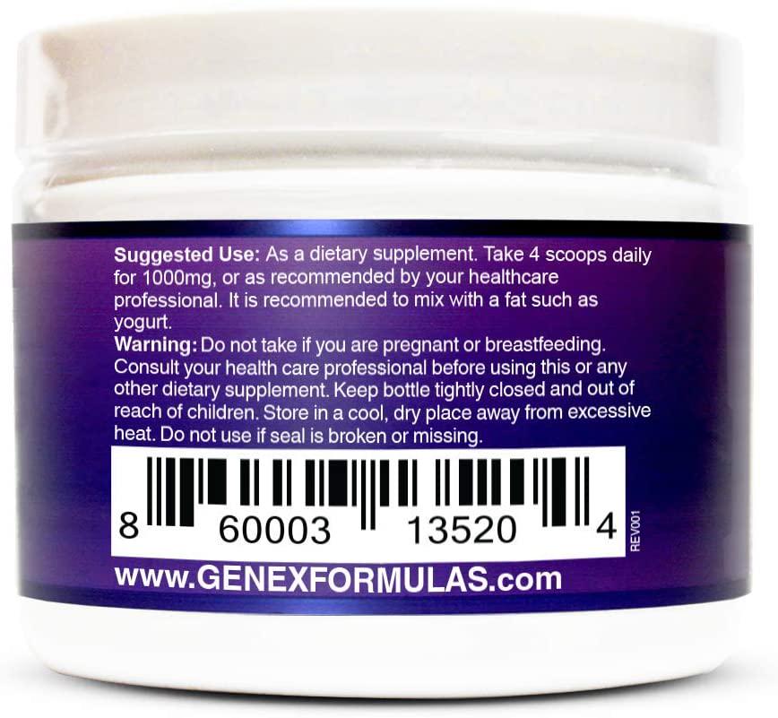 Genex Resveratrol Powder 1000mg Serving 99% Pure Micronized Pharmaceutical Grade Trans-Resveratrol Powder 1000mg 30Grams 1Gram Per Day 30-Day Supply Made in a GMP, FDA and NSF Certified Facility