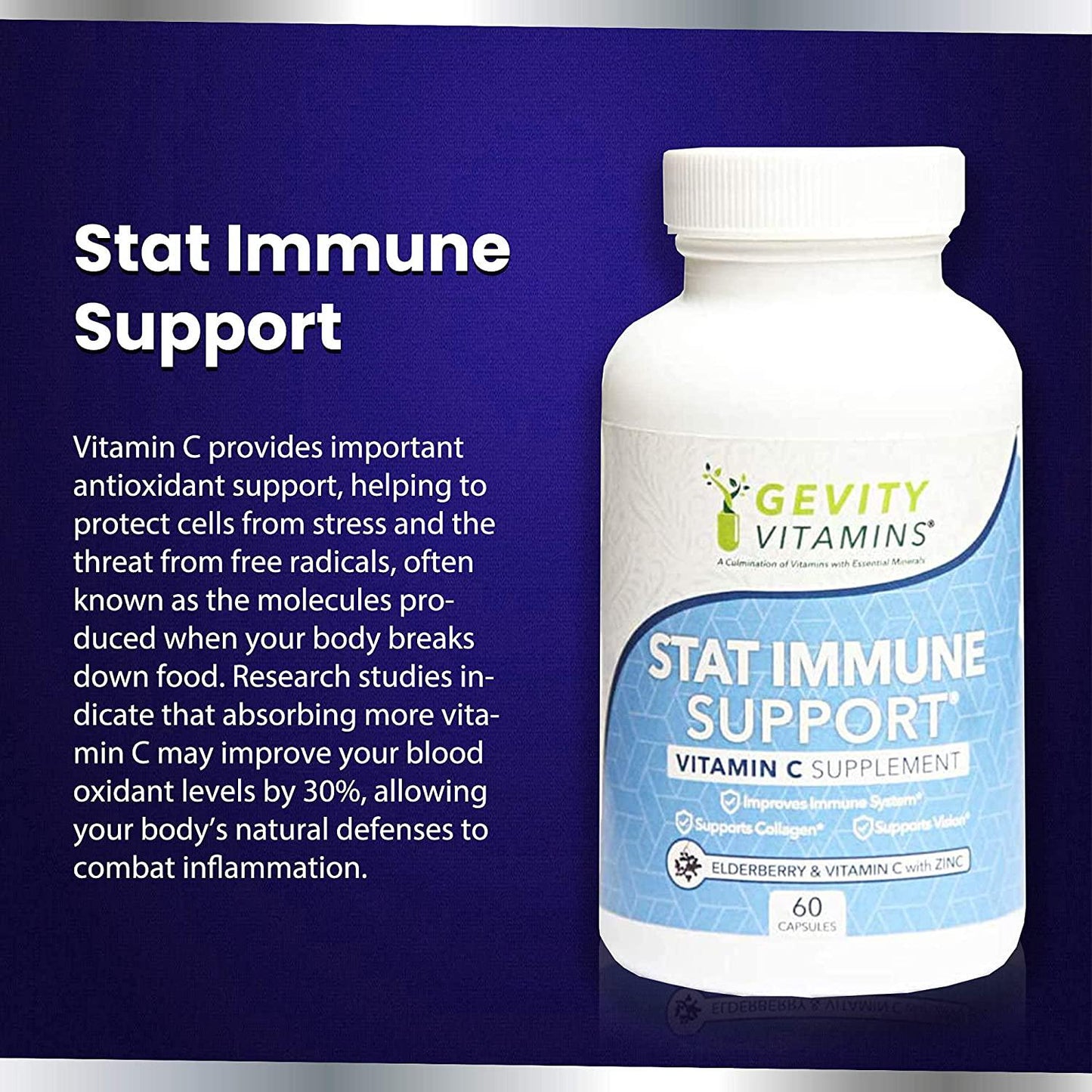 Gevity Vitamins Stat Immune Support - 60 Capsules - Vitamin C and Elderberry with Zinc Echinacea Supplement - Support Vision for Healthier Lifestyle - Gluten-Free Supplement