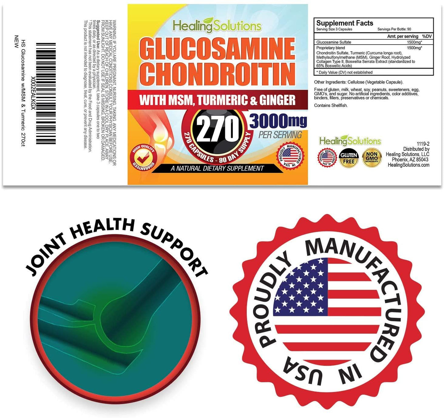 Glucosamine Chondroitin + MSM and Turmeric 100% Pure and Premium (Bulk 270 Capsules) - 100% Pure, Non-GMO - Allergen Free