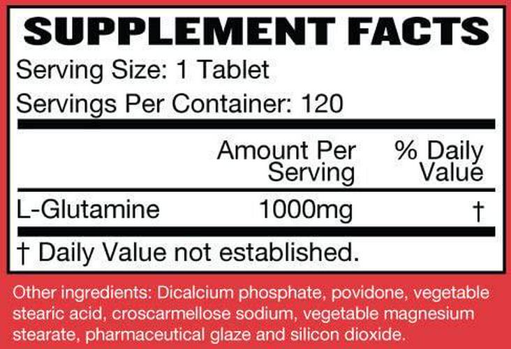 Glutamine Tablets - Pure, Non GMO, with Natural Ingredients, Soy and Caffeine Free - 120 L-Glutamine Pills at 1000mg - Amino Acid Supplement - by Raw Barrel