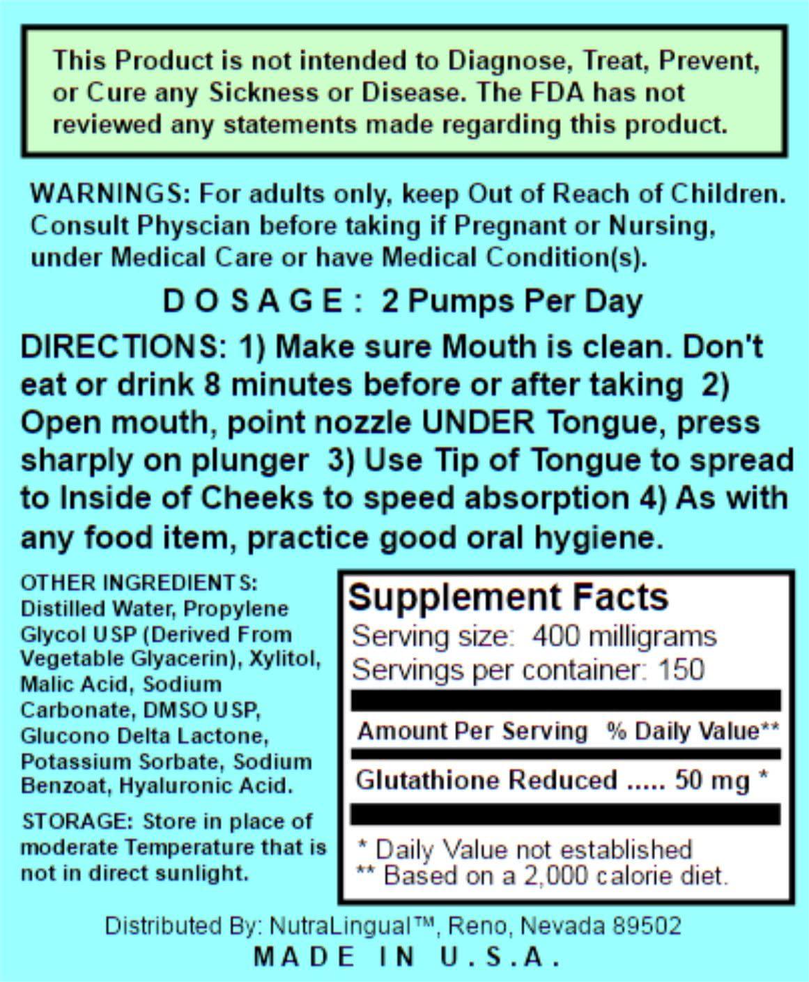 Glutathione Reduced 50 mg (Equivalent to 500 mg Oral Dose) 150 Day Sublingual Liquid Supplement by NUTRA Lingual () for Maximum Absorption