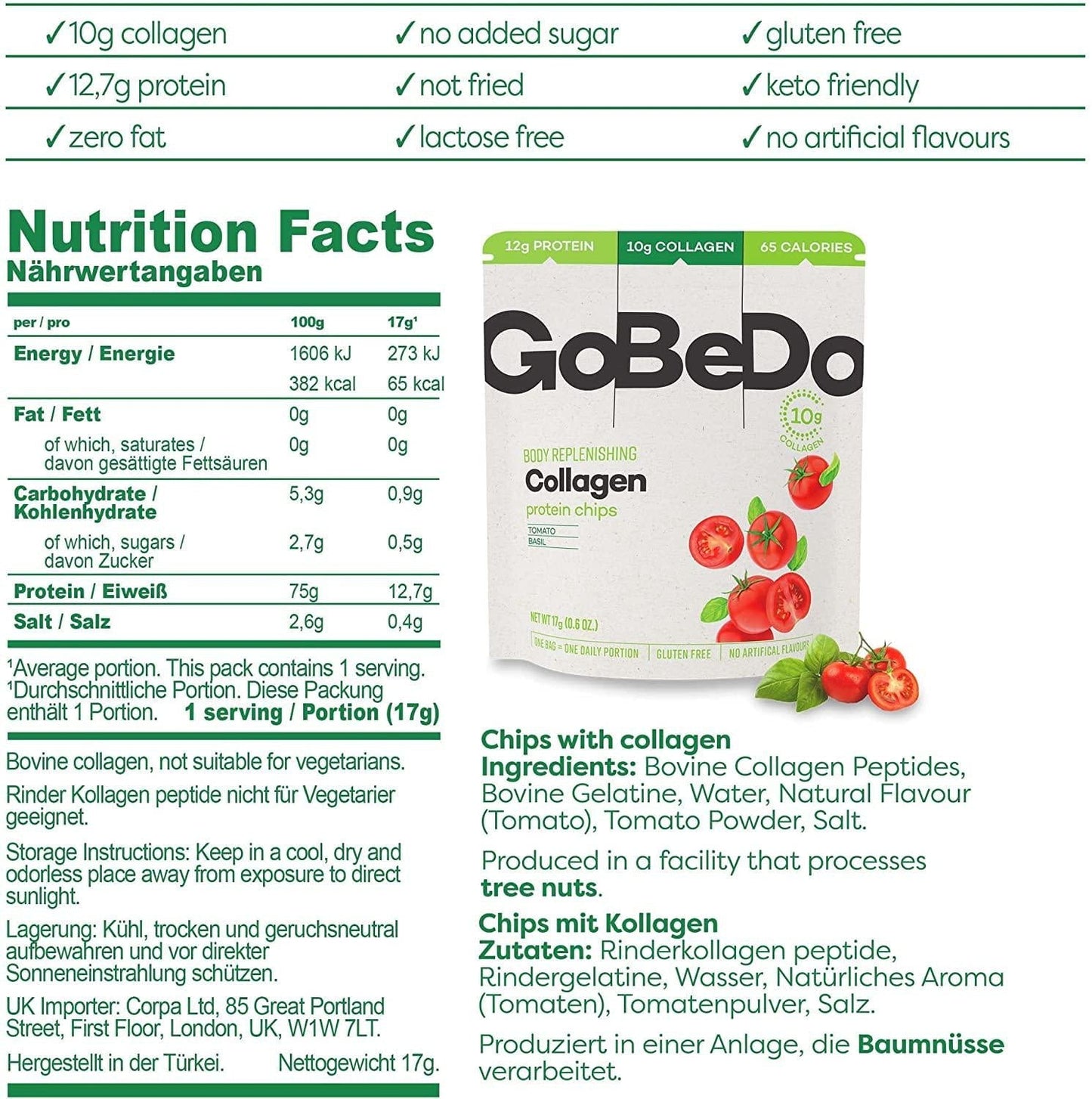 GoBeDo Collagen Chips Tomato and Basil 7 x 17g Bags - Deliciously Healthy High-Protein Chips - Low in Carbs, Sugar and Calories - Gluten-Free Keto Snacks - Supports Skin, Joints, Bones and Hair