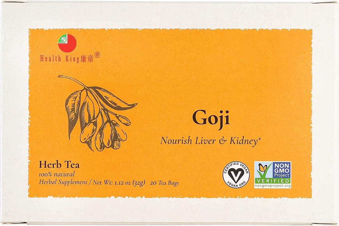 Goji Herbal Tea by Health King - Nourishes Liver and Kidney - (1 Pack, 20 Count Teabags, with Non-GMO, Vegan, Goji Berry and Leaf, Polygonatum Root, Eleuthero Leaf, Perilla Leaf, Prunella Vulgaris)