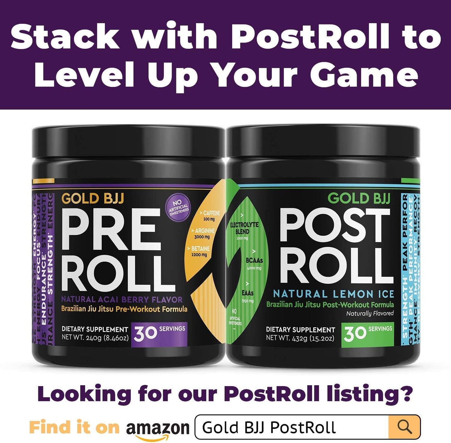 Gold BJJ PreRoll - Jiu Jitsu Pre Workout Supplement for Energy, Focus, and Endurance - Martial Arts Specific Pre-Workout Powder Formula with Natural Flavors (Acai Berry, 30 Servings)