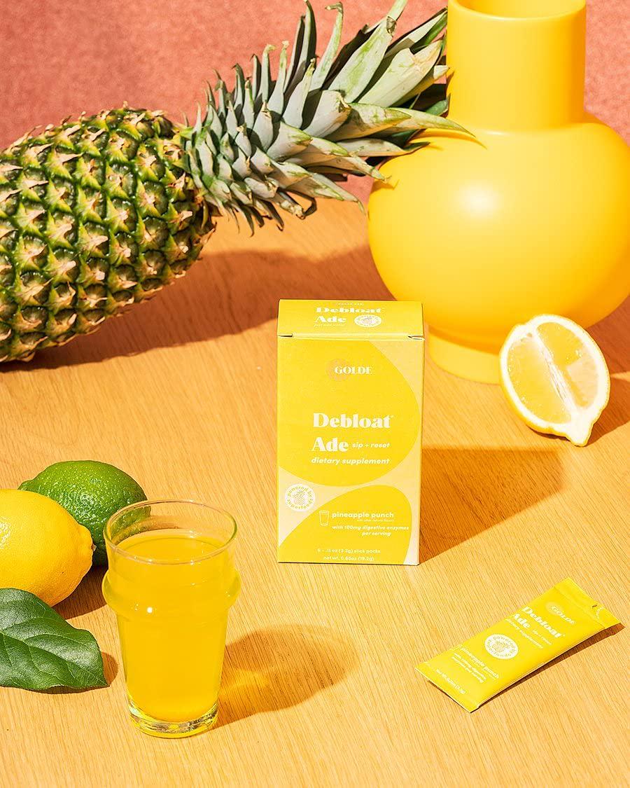 Golde Debloat Ade Pineapple Dietary Supplements Box Contains 6 Single-Serving Stick Packs Made with Real Pineapple and Ginger, and Boosted with probiotics and Digestive enzymes