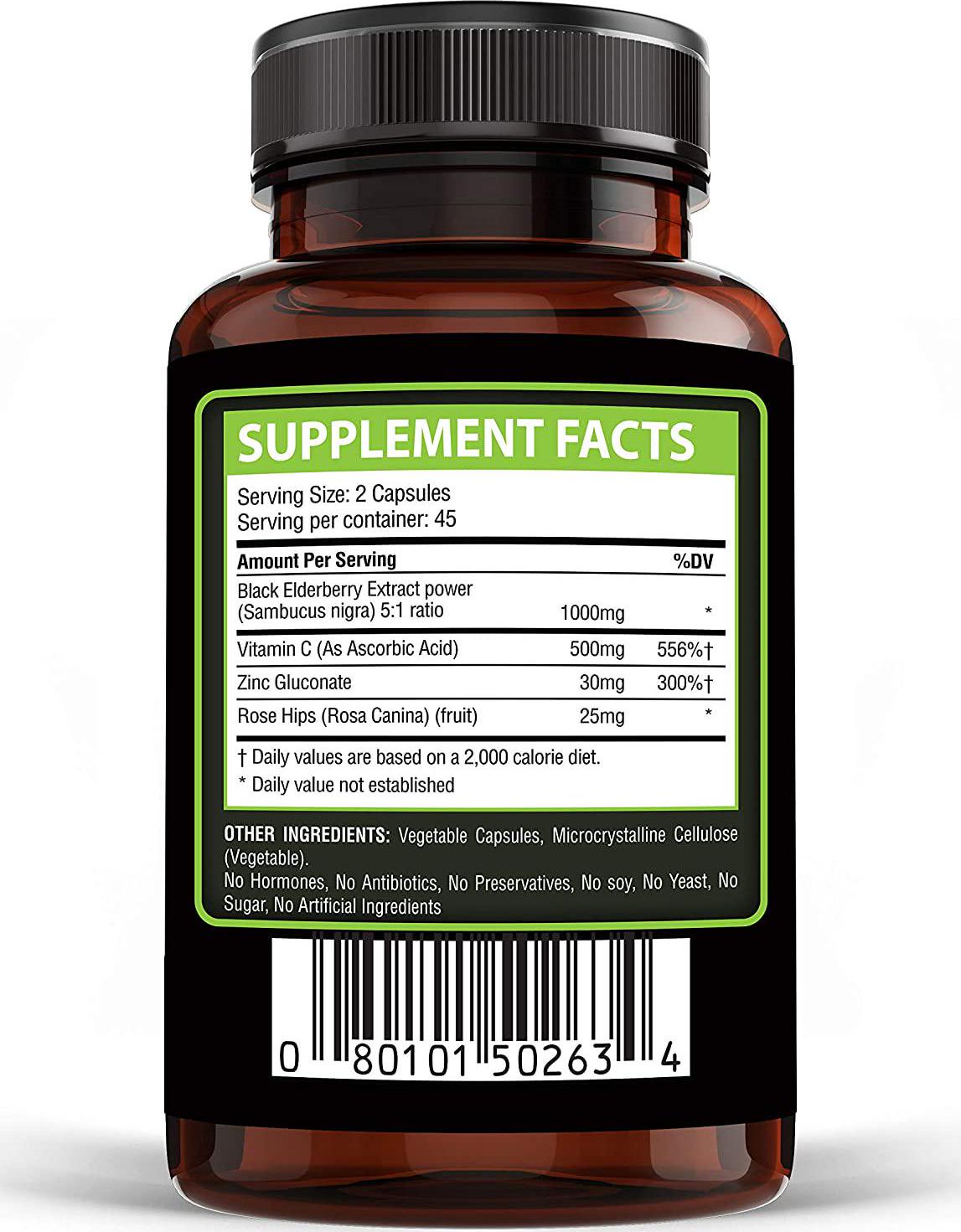 Golden Naturals Organic Black Elderberry Extract (Sambucus Nigra) 1000mg 4 in 1 Immune Booster, with Vitamin C, Rose Hips and Zinc, 90 Capsules, Powerful Immune System Support.