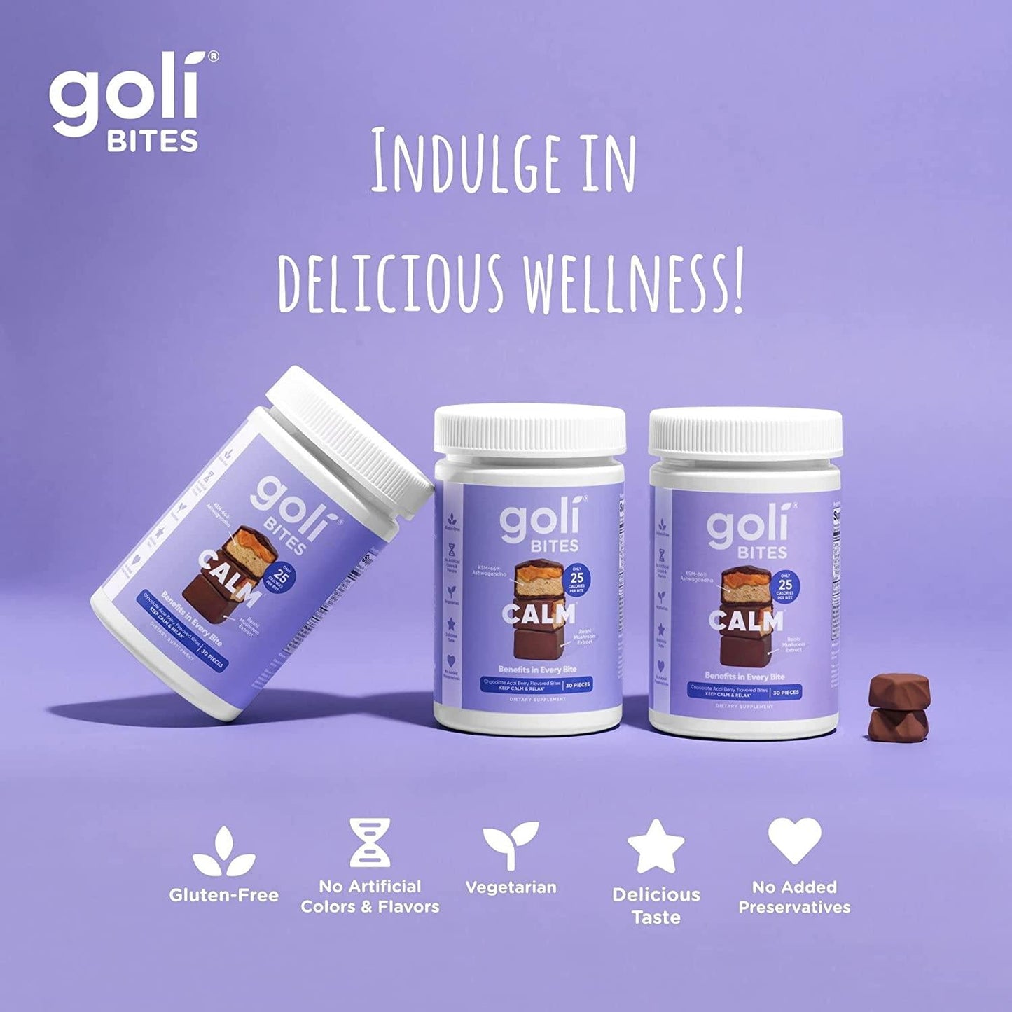 Goli Calm Ashwagandha Bites - 90 Count - Milk chocolate acai berry flavor, with KSM-66 Ashwagandha - for stress reduction and more - Vegetarian, Gluten-Free and no added preservatives.
