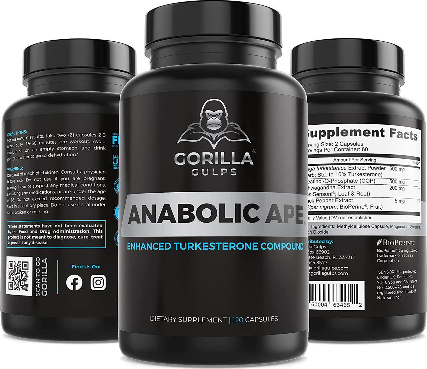 Gorilla Gulps | Anabolic Ape Enhanced Turkesterone Compound | Turkesterone, Creatinol-O-Phosphate, Ashwagandha, Bioperine | 3rd Party Lab Tested | (120 Capsules)