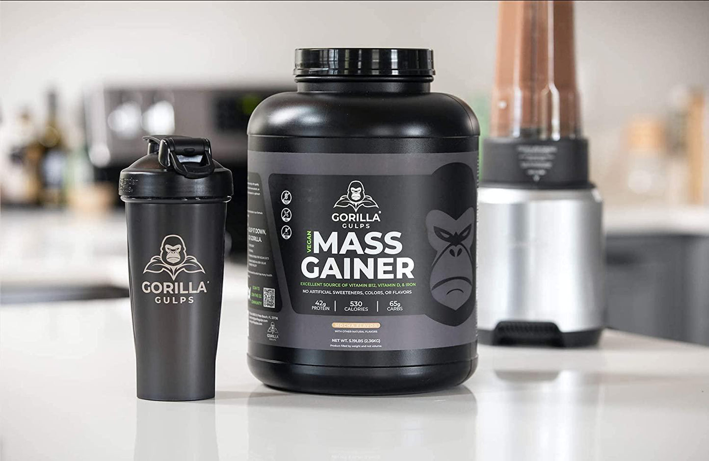 Gorilla Gulps Mocha Vegan Mass Gainer 5 lb Natural High Calorie Protein Powder GMO, Gluten, Dairy, and Soy Free. No Artificial Ingredients Vitamin B12 + D3, and Iron 530 Calories 18 Servings
