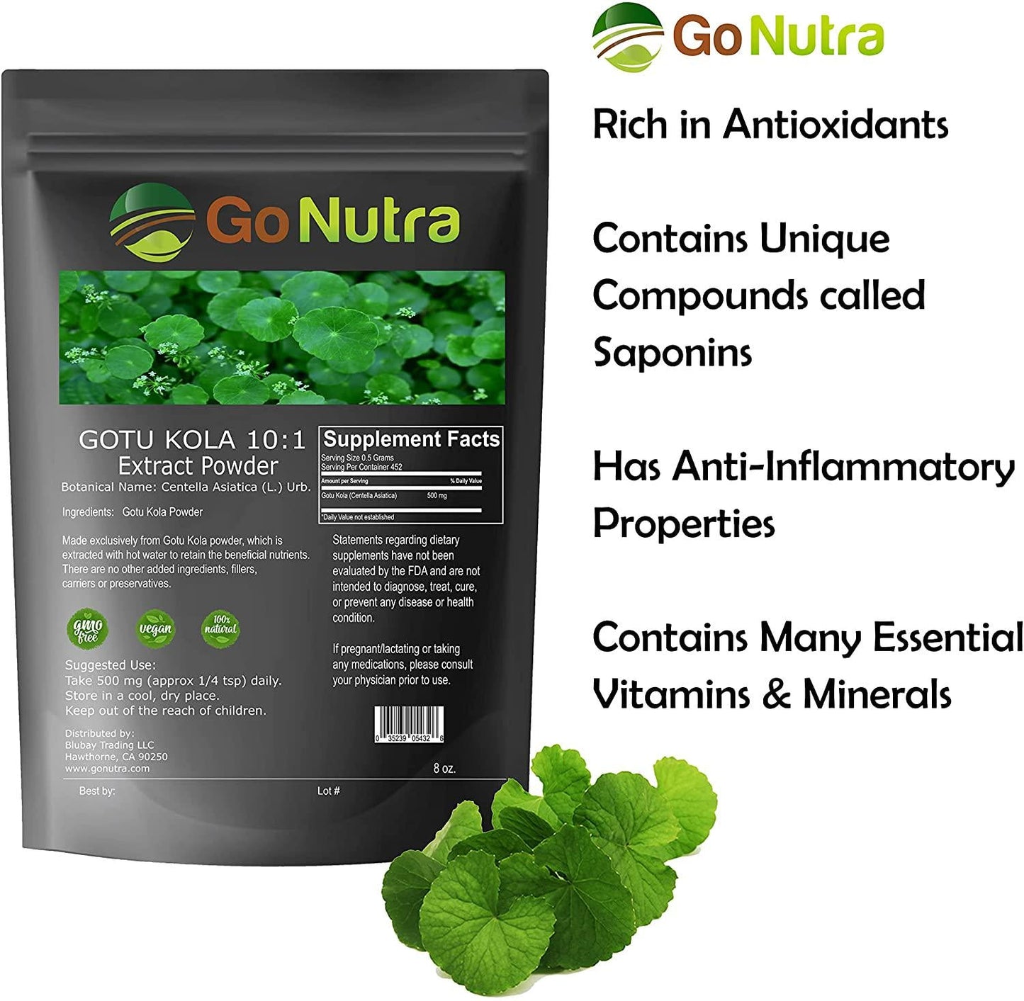 Gotu Kola 10:1 Extract Powder (8 oz), Centella Asiatica | Gluten Free and Non-GMO | Ayurvedic Herbal Supplement