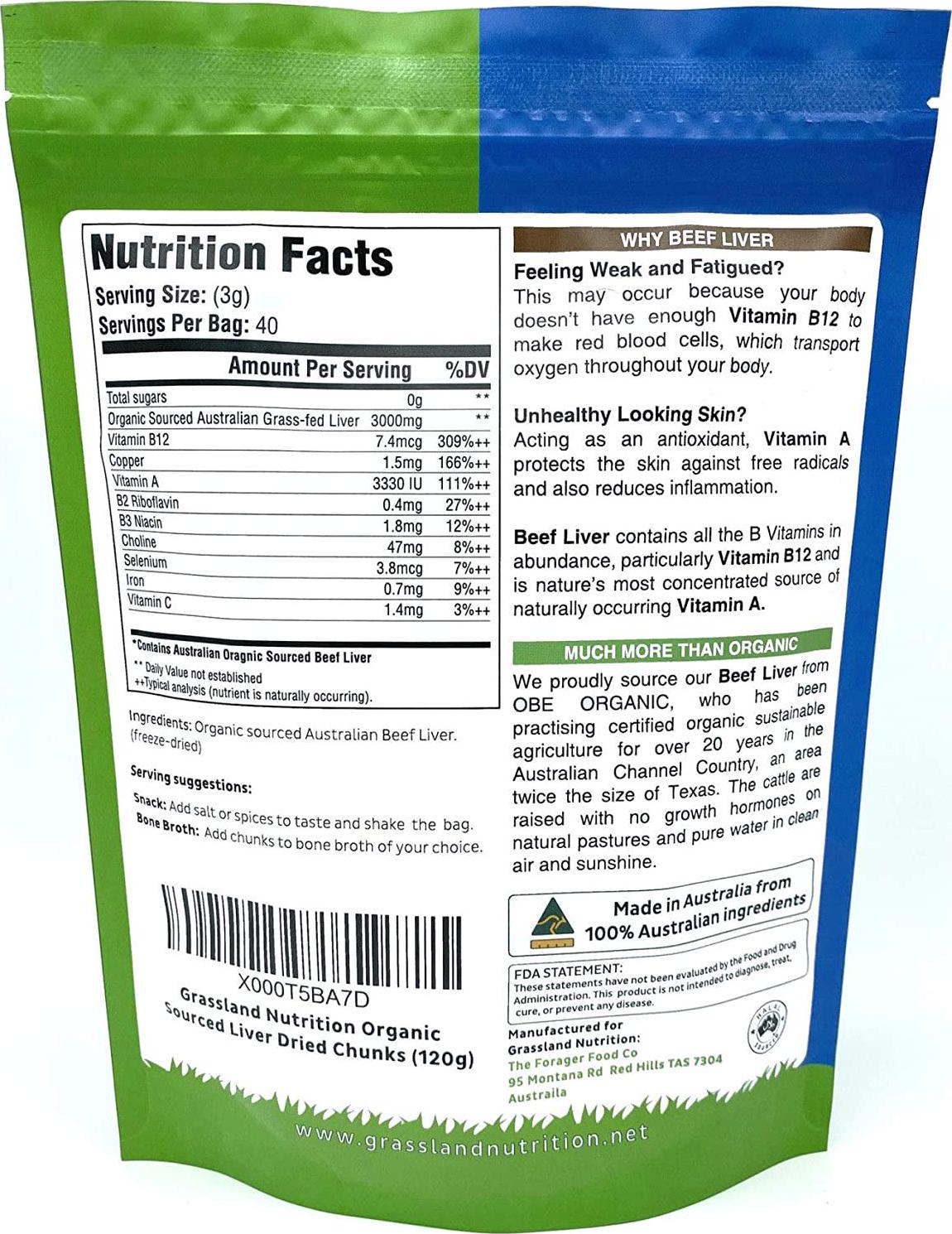 Grassland Nutrition Organic Liver Freeze Dried Chunks — High in Natural Iron, Vitamin A, B12 for Energy (120g)
