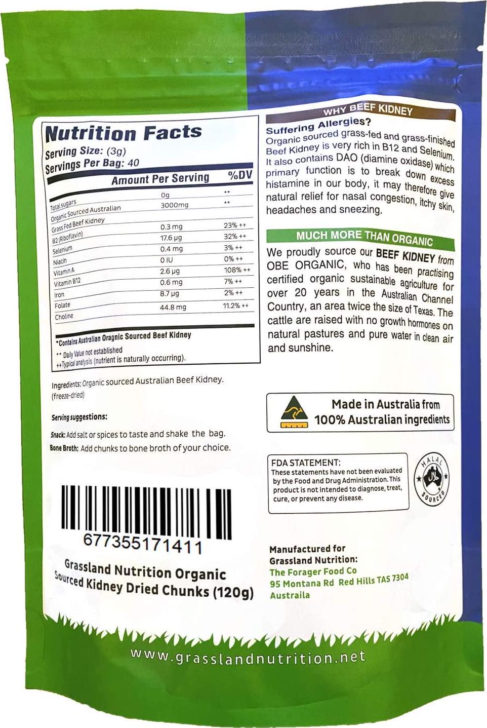 Grassland Nutrition Organic Kidney Freeze Dried Chunks (High in Selenium, B12, DAO) — Supports Kidney, Urinary, Thyroid, Histamine Health (120g)