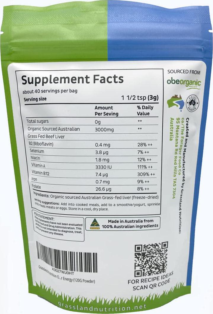 Grassland Nutrition Organic Grass Fed Beef Liver (Freeze Dried) — Natural Iron, Vitamin A, B12 for Energy (120G Powder)