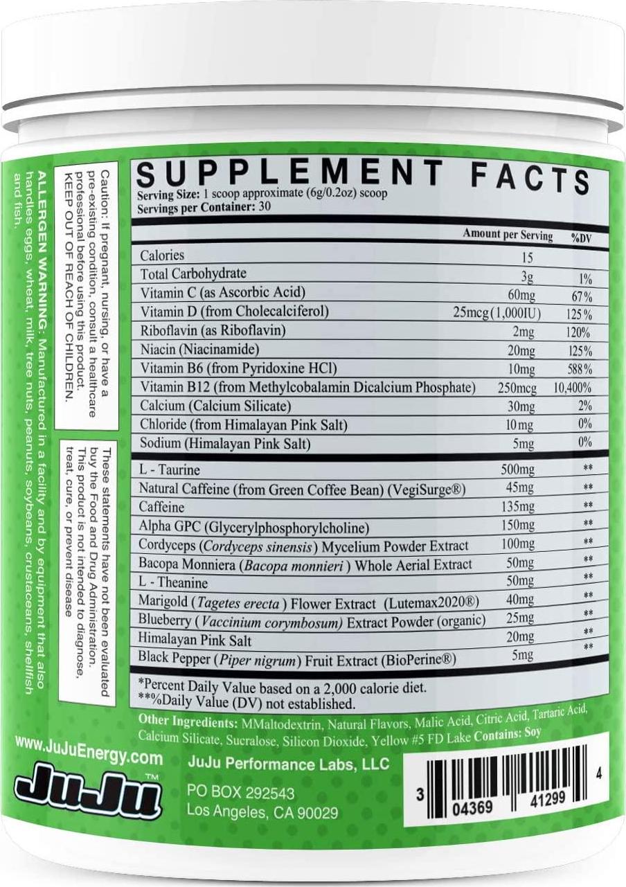 Green Apple Tub - Juju Professional Grade Gaming Energy Drink Mix - Healthy Supplement Increases Focus, Energy, Reaction time, Eye Health. Natural Caffeine, nootropics, Vitamins. Sugar-Free, Keto.