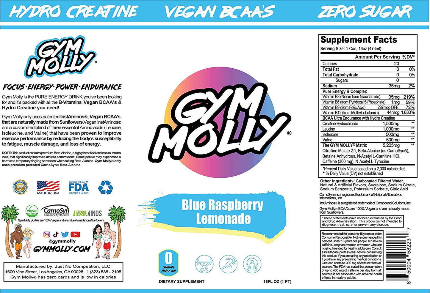 Gym Molly Blue Raspberry Lemonade Energy Drink Cans | Zero Sugar | Hydro Creatine | Vegan BCAAs | B Vitamins | 16 fl oz (Pack of 12)