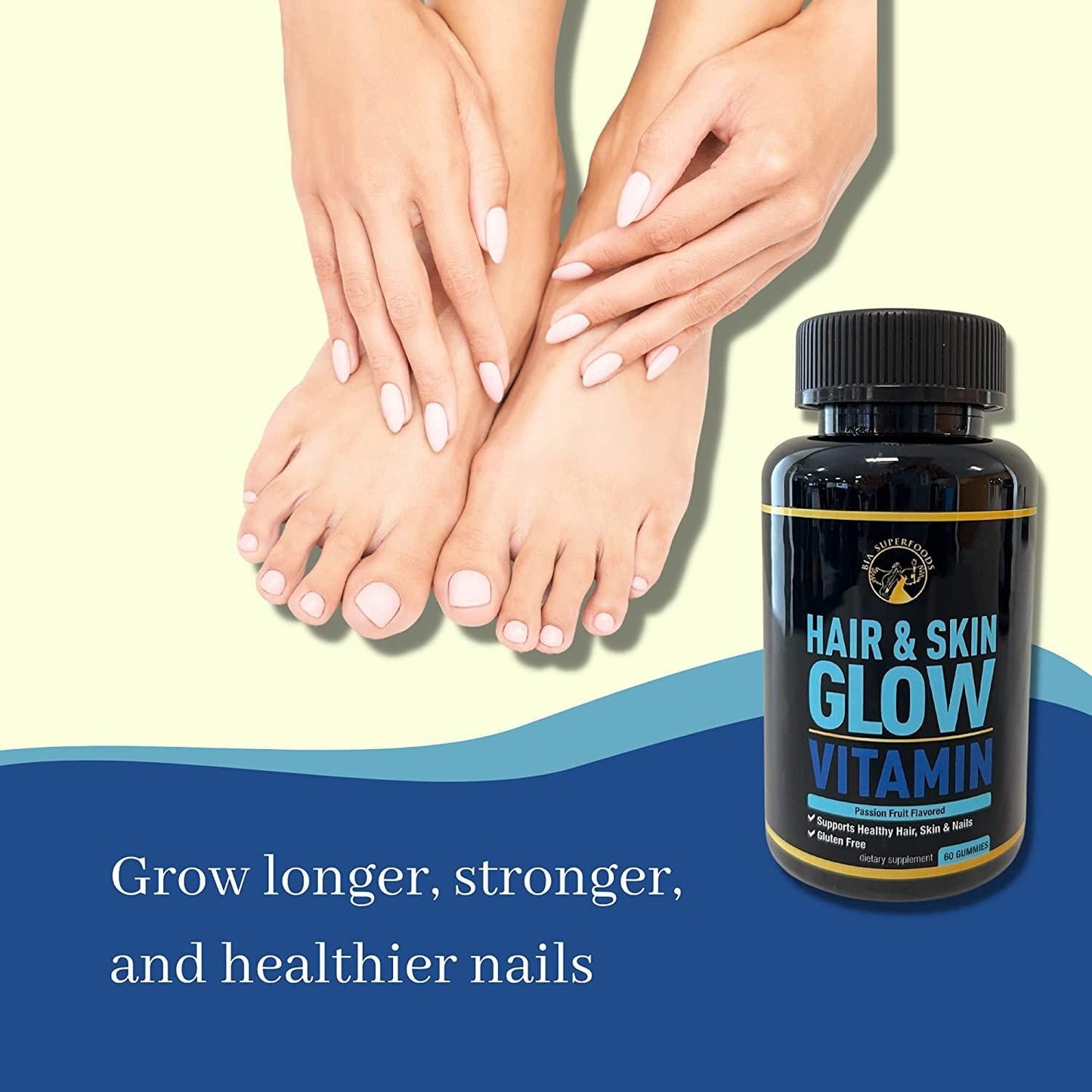 Hair and Skin Glow Vitamin Gummies - Biotin Gummies for Hair Skin and Nails with Collagen, Vitamin A, C, D, and E for Hair Growth, Glowing Skin, Passion Fruit Flavored, Gluten-Free - 60 Gummies