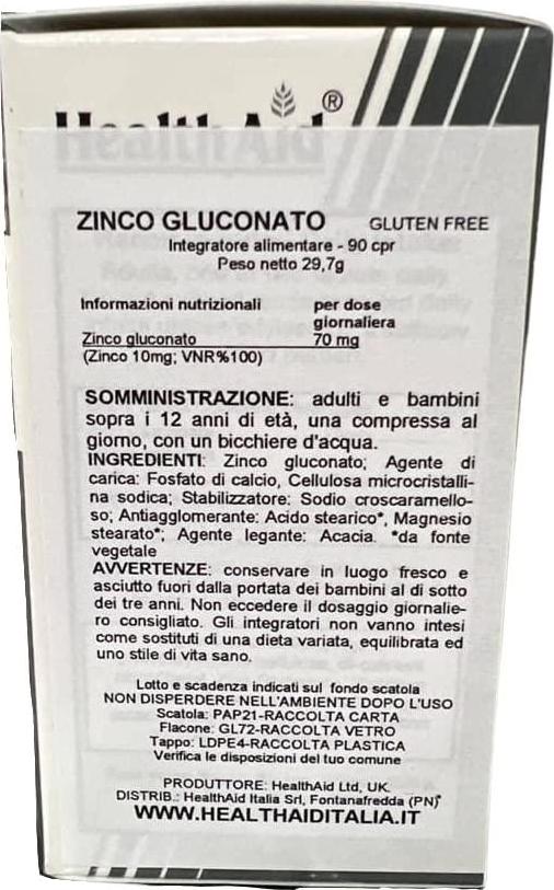 HealthAid Zinc Gluconate 70mg - 90 Vegan Tablets