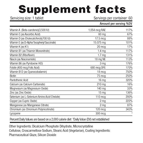 Herbolab Men's One Daily Multivitamin, Max Strength Vitamins A, C, D, E, K, B1, B2, B6, B12, Niacin, Calcium, Magnesium, Zinc, Selenium, Copper, Manganese, Chromium with Lycopene, 60 count 2 Mo Supply