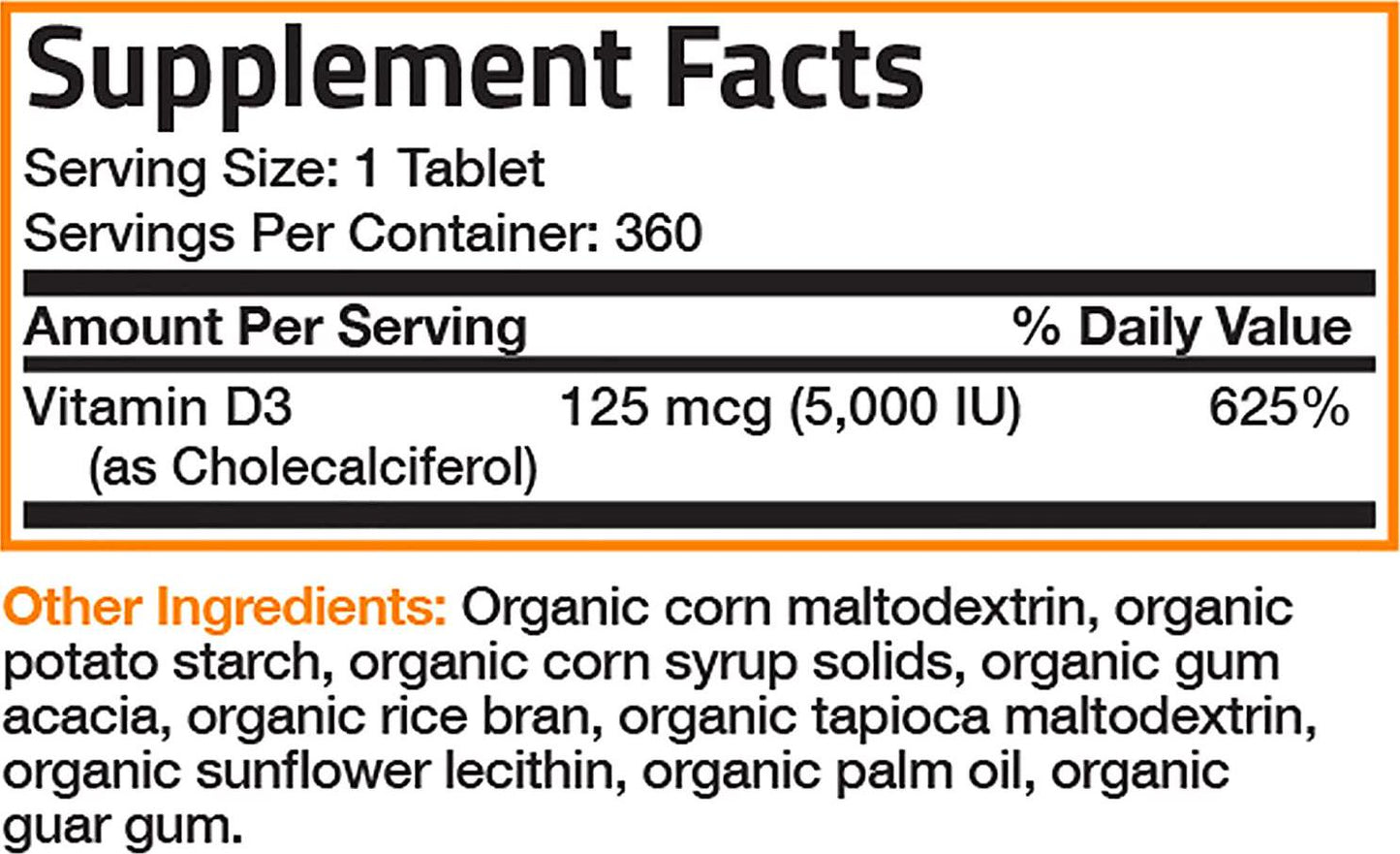 High Potency Vitamin D3 5,000 IU for Healthy Muscle Function, Bone Health and Immune Support, Organic Vitamin D Supplement, Non-GMO Formula, 360 Tablets