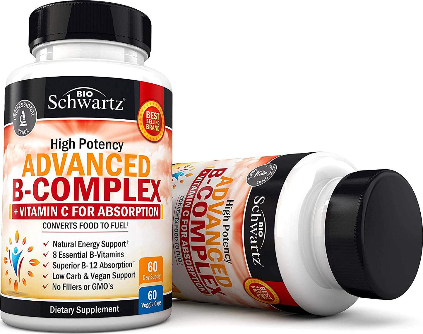 High Potency Vitamin B Complex with Vitamin C for Maximum Absorption - All 8 B Vitamins for Immune and Energy Support - B1, B2, B3, B5, B6, B7, B9, B12 and Folic Acid- 60 Veggie Capsules