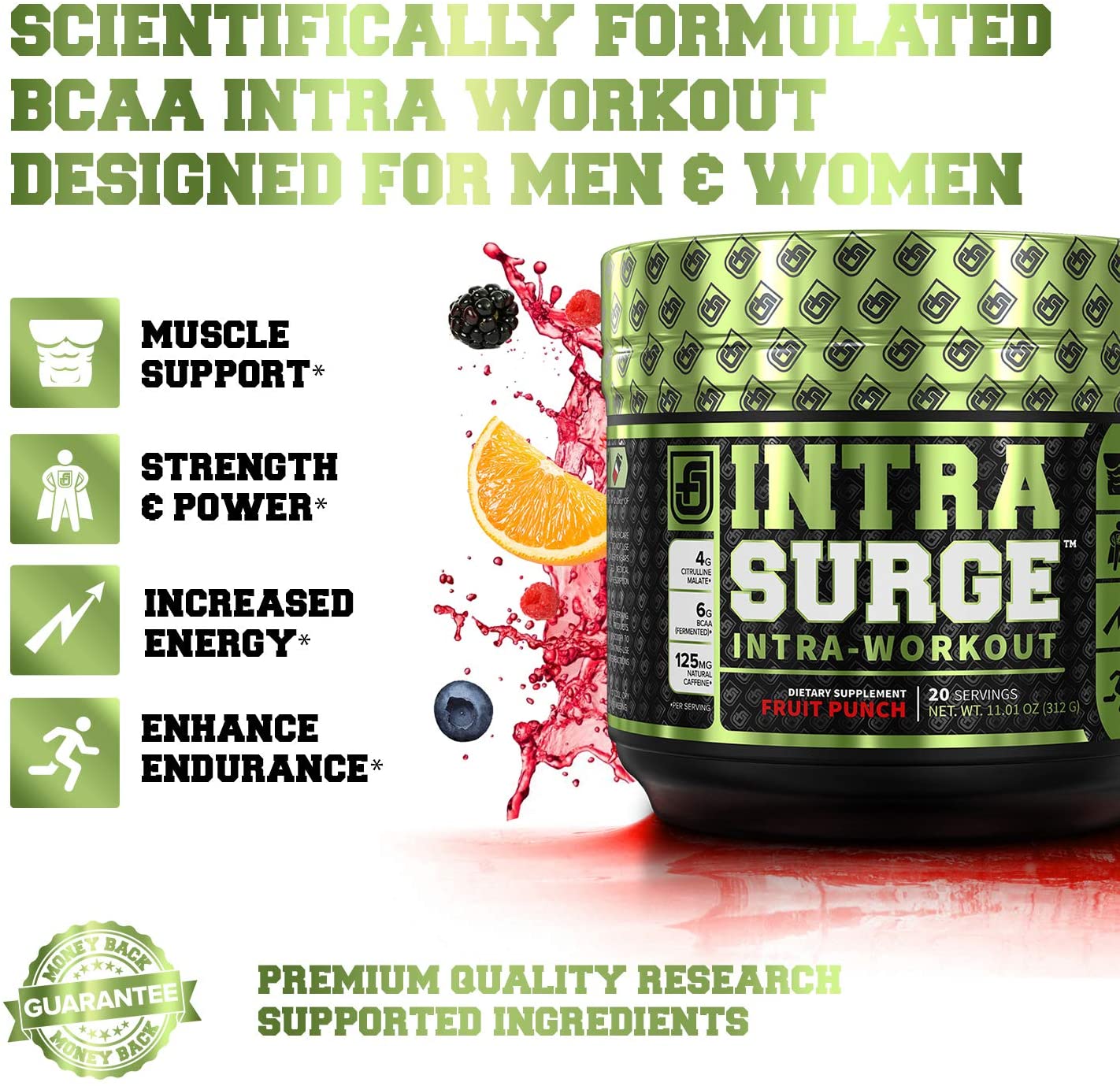 INTRASURGE Intra Workout Energy BCAA Powder - Fermented BCAA Amino Acids, Natural Caffeine, L-Citrulline, and More for Muscle Building, Strength, Pumps, Endurance, Recovery - Fruit Punch, 20sv